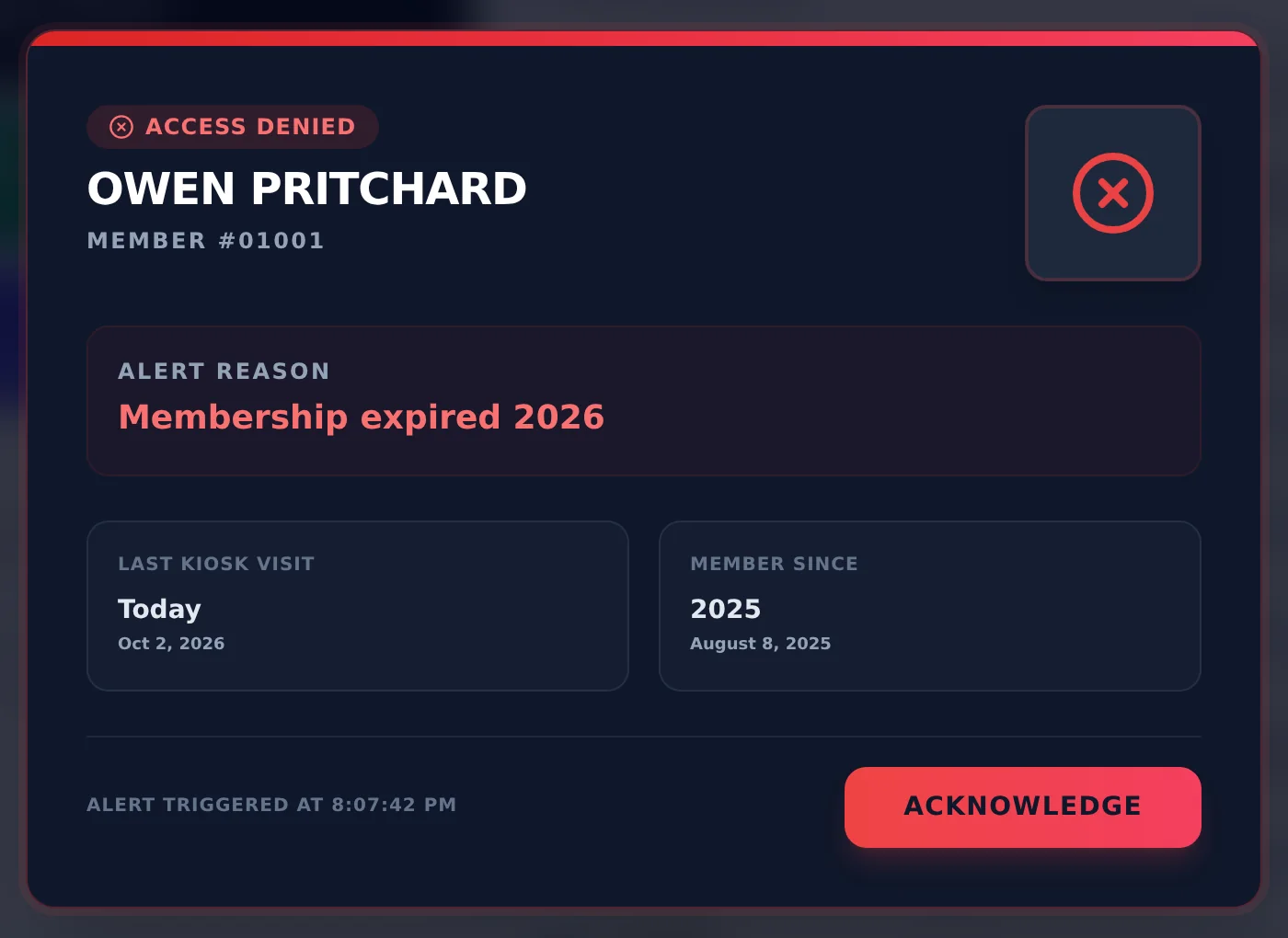 Full-screen Access Denied alert for member 01001: membership expired, with an Acknowledge button.