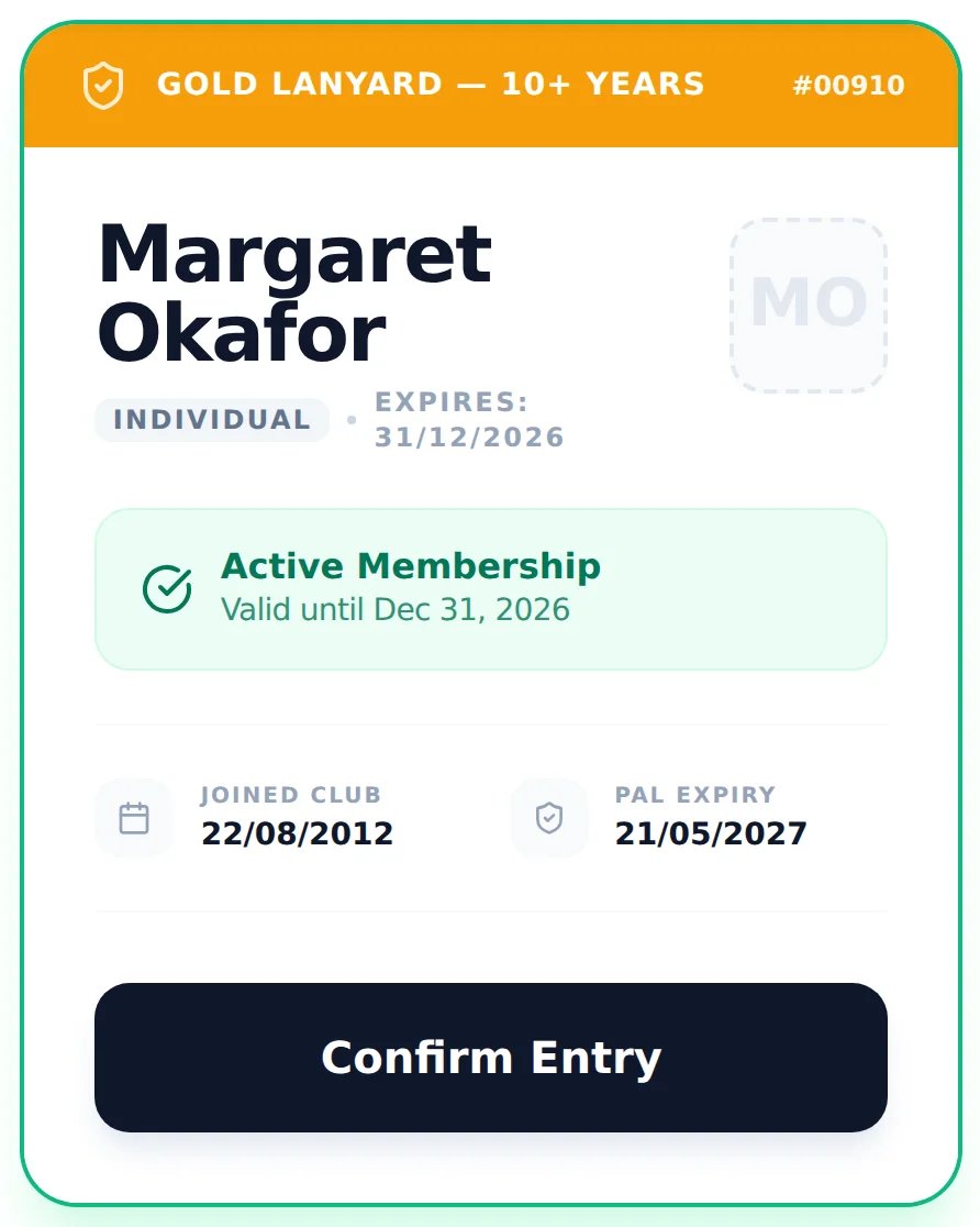 Check-in member card with a gold lanyard banner for 10+ years, active membership valid until December 31 and PAL expiry date.