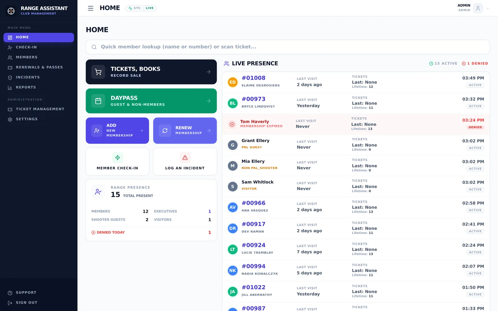 RangeAssistant home screen: quick actions for ticket sales, day passes and memberships beside a live list of everyone on the range today, including one denied check-in.