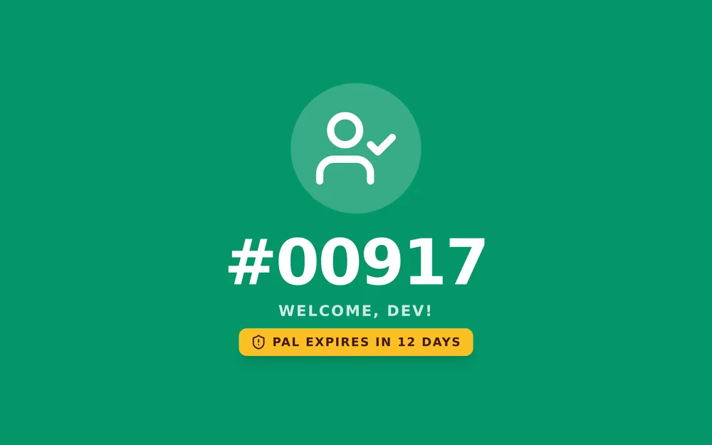 Kiosk welcome screen in green showing member number 00917 and a yellow badge: PAL expires in 12 days.