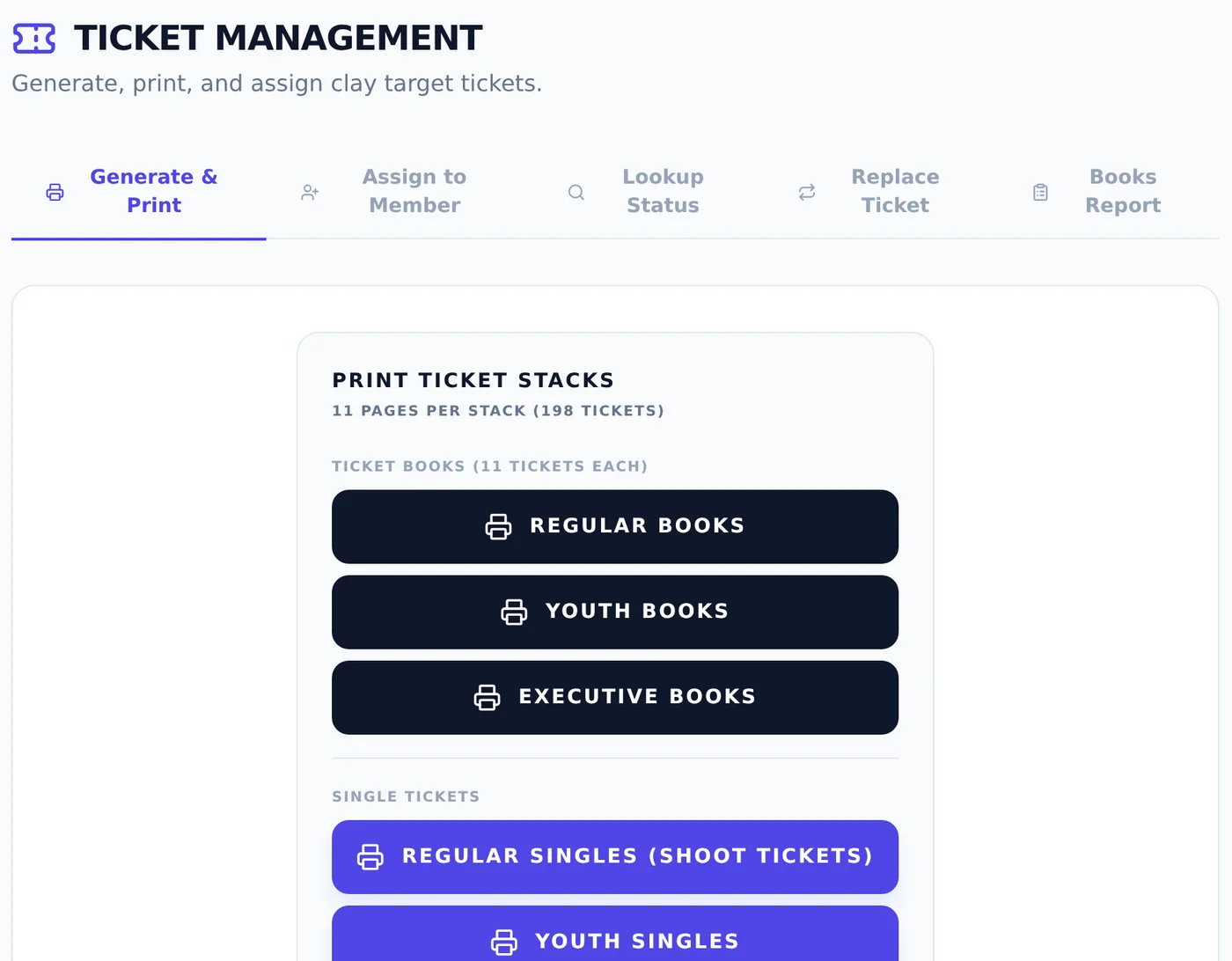 Ticket management screen with tabs to generate and print, assign to member, look up status, replace ticket and books report.